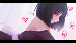 Rule 34 | 1girl, bare shoulders, black dress, black hair, bob cut, bow, dress, eyebrows hidden by hair, from side, heart, heart-shaped pupils, letterboxed, looking away, off shoulder, open mouth, original, profile, puffy sleeves, red eyes, saliva, saliva trail, shimmer, short hair, solo, spoken heart, symbol-shaped pupils, tongue, tongue out, white bow