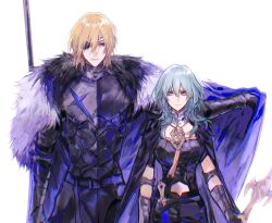 Rule 34 | 1boy, 1girl, absurdres, arm up, armor, belt, black armor, black cape, black gloves, black pants, blonde hair, blue cape, blue eyes, byleth (female) (fire emblem), byleth (fire emblem), cape, cape lift, cuirass, dagger, detached collar, dimitri alexandre blaiddyd, expressionless, eyepatch, fire emblem, fire emblem: three houses, full armor, fur-trimmed cape, fur trim, gloves, green hair, grey eyes, hair over shoulder, height difference, high collar, highres, holding, holding polearm, holding weapon, knife, long hair, looking at another, looking down, naoki (2rzmcaizerails6), nintendo, pants, polearm, short hair, simple background, standing, upper body, vambraces, weapon, white background