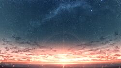 Rule 34 | chinese commentary, cloud, commentary request, highres, horizon, lens flare, night, night sky, no humans, original, outdoors, rune xiao, scenery, signature, sky, star (sky), starry sky, still life, sunset