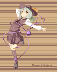 Rule 34 | 1girl, alternate costume, aqua hair, arched back, arm behind head, character name, dress shirt, hat, hat ribbon, heart, heart of string, kneehighs, komeiji koishi, looking at viewer, necktie, outstretched arm, ribbon, shirt, skirt, smile, socks, solo, standing, standing on one leg, striped background, striped necktie, striped neckwear, tan background, third eye, touhou, waistcoat, yellow eyes, yuuzii