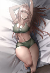 Rule 34 | 1girl, arms up, bed, breasts, brown eyes, brown hair, cleavage, crop top, day, goddess of victory: nikke, haru (hr works), highres, indoors, knee up, large breasts, long hair, looking at viewer, lying, navel, on back, on bed, open mouth, rapi (nikke), short shorts, shorts, solo