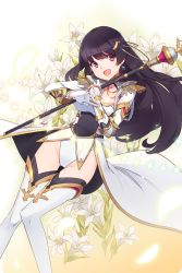 Rule 34 | 1girl, :d, black hair, earrings, epaulettes, flower, gloves, groin, hair ornament, highres, holding, holding staff, jewelry, lily (flower), long hair, looking at viewer, nerua (soccer spirits), open mouth, purple eyes, smile, soccer spirits, solo, ssberit, staff, thighhighs, transparent background, white gloves, white thighhighs
