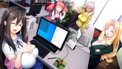 Rule 34 | 4girls, adjusting hair, black hair, blonde hair, blush, breasts, chair, cleavage, cleavage cutout, closed eyes, clothing cutout, computer, crossed arms, dark-skinned female, dark skin, drawing tablet, drill hair, female focus, formal, from above, game (=eroge) mitai na, suteki na koi ga shitai!, game cg, glasses, hadashi shoujo, hair between eyes, hands on own chest, hands up, happy, highres, huge breasts, indoors, ino (magloid), kujou kohaku, laptop, large breasts, lisha lockheart, long hair, monitor, mouse (computer), multiple girls, office, open mouth, original, otokaze marine, paw pose, pen, red hair, sitting, smile, standing, suit, table, takamiya tsuzuri, twintails