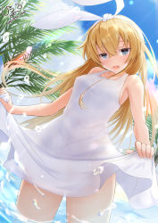 Rule 34 | 1girl, absurdres, alternate costume, bare shoulders, blonde hair, blue sky, blush, breasts, cloud, day, dress, giraffe (ilconte), grey eyes, headband, highres, in water, kantai collection, long hair, looking at viewer, medium breasts, open mouth, outdoors, palm leaf, shimakaze (kancolle), sky, sleeveless, sleeveless dress, smile, solo, sundress, wading, water, wet, wet clothes, white dress, white headband