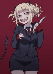 Rule 34 | 1girl, 4shi, bags under eyes, black jacket, black necktie, black skirt, black tail, blazer, blunt bangs, boku no hero academia, commentary, cowboy shot, demon girl, demon tail, double bun, eyelashes, fangs, hair bun, hair up, hand on own chest, head tilt, helltaker, highres, holding, holding knife, holding weapon, horns, jacket, knife, looking at viewer, messy hair, narrowed eyes, naughty face, necktie, open mouth, parody, pencil skirt, raised eyebrows, red background, red sweater, sidelocks, simple background, skirt, sleeves past wrists, slit pupils, smile, solo, style parody, sweater, tail, teeth, toga himiko, v-neck, weapon, yellow eyes