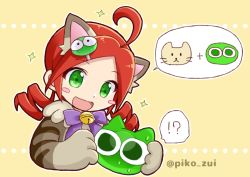 Rule 34 | !?, ahoge, andou ringo, animal costume, animal ears, bell, blush stickers, bow, bowtie, cat, cat costume, cat ears, drill hair, fake animal ears, green eyes, hair ornament, hairclip, jingle bell, open mouth, parted bangs, purple bow, puyo (puyopuyo), puyopuyo, puyopuyo quest, red hair, smile, sparkle, speech bubble, striped, takazaki piko, twin drills, twitter username, yellow background