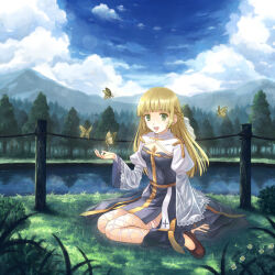 Rule 34 | 1girl, arch bishop (ragnarok online), blonde hair, blue dress, blue sky, blunt bangs, blush, braid, breasts, brown footwear, bug, butterfly, cleavage, cleavage cutout, clothing cutout, cloud, commentary request, cross, dated commentary, day, dress, fishnet thighhighs, fishnets, forest, french braid, full body, grass, green eyes, hime cut, insect, juliet sleeves, long sleeves, looking at viewer, medium bangs, mountainous horizon, nature, open mouth, outdoors, puffy sleeves, ragnarok online, river, sash, shoes, sitting, sky, small breasts, smile, solo, thighhighs, tree, two-tone dress, white dress, white thighhighs, yakka, yellow butterfly, yellow sash