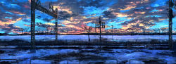 Rule 34 | bare tree, blue sky, cloud, cloudy sky, day, fence, highres, landscape, no humans, original, outdoors, pippi (pixiv 1922055), power lines, scenery, sky, snow, tree