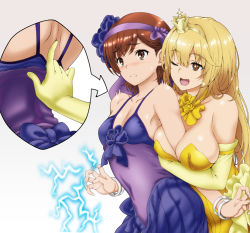 Rule 34 | 2girls, ;d, bangle, bare shoulders, between breasts, blonde hair, blush, bow, bowtie, bracelet, breasts, brown eyes, brown hair, cleavage, collarbone, covered navel, crown, dress, elbow gloves, electricity, electrokinesis, flower, gloves, grey background, hairband, inset, isse, jewelry, large breasts, long hair, misaka mikoto, multiple girls, nose blush, one eye closed, open mouth, parted lips, purple flower, purple hairband, purple rose, rose, shokuhou misaki, short hair, simple background, sleeveless, sleeveless dress, small breasts, smile, sparkling eyes, strapless, strapless dress, sweat, toaru majutsu no index, toaru majutsu no index: new testament, yellow bow, yellow dress, yellow gloves, yellow neckwear, yuri