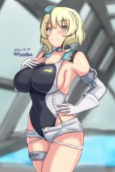 Rule 34 | aqua hat, black one-piece swimsuit, blonde hair, blue eyes, braid, breasts, choker, colorado (kancolle), competition swimsuit, cosplay, cowboy shot, dated, elbow gloves, french braid, garrison cap, gloves, hand on own chest, hand on own hip, hat, highres, indoors, kantai collection, large breasts, looking at viewer, montemasa, multicolored clothes, one-piece swimsuit, rei no pool, scamp (kancolle), scamp (kancolle) (cosplay), short hair, short shorts, shorts, smile, solo, swimsuit, thigh strap, twitter username, white gloves