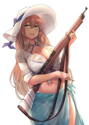 Rule 34 | 1girl, :d, aqua sarong, arm up, bad id, bad pixiv id, bikini, blue ribbon, blush, bolt action, breasts, bullet, cleavage, collarbone, collared shirt, cowboy shot, criss-cross halter, dsf, eyes visible through hair, female focus, flower, girls&#039; frontline, green eyes, groin, gun, hair between eyes, hair ribbon, hair rings, halterneck, hand on headwear, hand up, happy, hat, hat ribbon, highres, holding, holding bullet, holding gun, holding weapon, large breasts, legs, light brown hair, long hair, looking at viewer, m1903 springfield, navel, neck, o-ring, o-ring bikini, o-ring swimsuit, o-ring top, official alternate costume, one eye closed, open clothes, open mouth, open shirt, ribbon, rifle, round teeth, sarong, see-through, shade, shiny skin, shirt, side slit, simple background, skindentation, sleeves rolled up, smile, solo, springfield (girls&#039; frontline), springfield (stirring mermaid) (girls&#039; frontline), standing, stomach, sun hat, sunglasses, sweat, swimsuit, teeth, thighs, tied shirt, umbrella, upper teeth only, weapon, white background, white bikini, white hat, white shirt