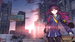 Rule 34 | 1girl, bad id, bad pixiv id, belt, belt skirt, benghuai xueyuan, black hair, black pantyhose, blue dress, buttons, car, city, cloak, closed mouth, coat, collared shirt, double-breasted, dress, dress shirt, evening, gloves, gradient hair, hair ornament, hand on own hip, highres, honkai (series), lens flare, military, military uniform, motor vehicle, multicolored hair, necktie, one side up, open clothes, open coat, outdoors, pantyhose, pink eyes, purple hair, ruins, shirt, short dress, solo, sougishi ego, standing, tsurime, uniform, white gloves, white shirt, yellow necktie