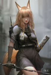 Rule 34 | 1girl, animal ear fluff, animal ears, arknights, artist name, backpack, bag, belt, between breasts, black bag, black gloves, blonde hair, blurry, blurry background, breasts, character name, collared dress, commentary, depth of field, dress, elbow gloves, english commentary, fox ears, fox tail, franka (arknights), gloves, grey dress, gun, hair between eyes, highres, holding, holding sword, holding weapon, id card, lanyard, large breasts, lips, long hair, looking at viewer, medium breasts, parted lips, radio antenna, razaras, sheath, short sleeves, signature, solo, standing, strap, sword, symbol-only commentary, tail, unsheathed, weapon, yellow eyes