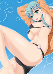 Rule 34 | 10s, 1girl, aqua hair, armpits, bikini, black bikini, blue background, breasts, constricted pupils, covered erect nipples, female focus, gradient background, green eyes, hair ornament, hairclip, happy, jacket, kantai collection, knee up, large breasts, long hair, looking at viewer, medium breasts, micro bikini, o-ring, o-ring bikini bottom, o-ring bottom, outline, simple background, smile, solo, suzuya (kancolle), swimsuit, takeyuu, underboob, white outline