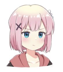 Rule 34 | 1girl, aqua eyes, blunt bangs, blush, bob cut, chiyoda momo, close-up, closed mouth, collarbone, commentary request, eyelashes, frown, hair ornament, looking at viewer, machikado mazoku, pink hair, sanz zzz, short hair, simple background, solo, straight hair, tsurime, v-shaped eyebrows, white background, x hair ornament