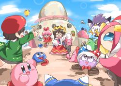 Rule 34 | 6+boys, 6+girls, adeleine, akiaki popee, bad id, bad pixiv id, beret, black hair, blue eyes, blue sky, blush stickers, bow, bowtie, castle, chuchu (kirby), closed eyes, cloud, commentary request, coo (kirby), crown, daroach, day, fairy, fairy wings, fang, flamberge (kirby), francisca (kirby), glasses, gooey (kirby), hair ribbon, halo, hat, heart, hidden eyes, highres, hyness, jester cap, keke (kirby), kirby, kirby: planet robobot, kirby (series), lalala (kirby), lens flare, lens flare abuse, lololo (kirby), long hair, long sleeves, magolor, marx (kirby), meta knight, multiple boys, multiple girls, nintendo, no arms, open mouth, pink hair, pitch (kirby), purple eyes, queen sectonia, rayman limbs, red bow, red neckwear, red ribbon, ribbon, ribbon (kirby), ripple star queen, short hair, signature, sky, smile, susie (kirby), taranza, tongue, tongue out, very long sleeves, warp star, watermark, waving, wide sleeves, wings, zan partizanne, zero two (kirby)