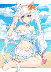 Rule 34 | 1girl, :d, absurdres, animal ear fluff, animal ears, apron, arm garter, bare shoulders, barefoot, beach, bikini, blue eyes, blue skirt, braid, breasts, cat ears, cat girl, cat tail, choker, collarbone, crop top, flower, frilled choker, frills, hair flower, hair ornament, hand up, headdress, highres, kuroida, long hair, looking at viewer, maid, maid apron, maid bikini, maid headdress, medium breasts, midriff, miniskirt, navel, ocean, open mouth, original, outdoors, pleated skirt, polka dot, ribbon, side slit, sitting, skirt, sleeveless, smile, solo, stomach, strapless, swimsuit, tail, tail ornament, tail ribbon, thighlet, tube top, twintails, unconventional maid, v, waist apron, white hair