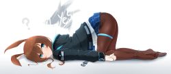 Rule 34 | 1girl, ?, absurdres, all fours, amiya (arknights), animal ears, anklet, arknights, black jacket, black pantyhose, blue eyes, blue skirt, brown hair, brown pantyhose, closed mouth, commentary, english text, full body, hair between eyes, highres, jacket, jewelry, long sleeves, looking at viewer, medium hair, miniskirt, multiple rings, pantyhose, plaid, plaid skirt, rabbit ears, ribbed sweater, ring, simple background, skirt, solo, sweater, thighlet, top-down bottom-up, white background, white sweater, z.taiga