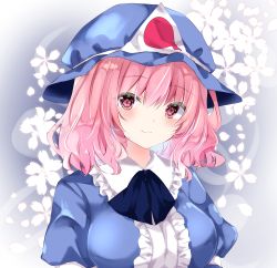 Rule 34 | 1girl, bad id, bad pixiv id, blue bow, blue hat, blue kimono, blush, bow, breasts, center frills, closed mouth, floral background, frilled shirt collar, frills, hair between eyes, hat, japanese clothes, kimono, large breasts, mob cap, nanase nao, pink hair, red eyes, saigyouji yuyuko, smile, solo, touhou, triangular headpiece, upper body