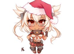 Rule 34 | 10s, 1girl, amanda evelyn earl, bandages, blonde hair, breasts, brown gloves, budget sarashi, candy, candy cane, chibi, commentary, dark-skinned female, dark skin, food, full body, glasses, gloves, hand on own hip, hat, holding, kantai collection, long hair, looking at viewer, md5 mismatch, musashi (kancolle), pleated skirt, red eyes, resized, resolution mismatch, rimless eyewear, santa hat, sarashi, simple background, skirt, smile, solo, source smaller, upscaled, white background