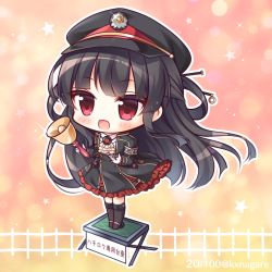 Rule 34 | 1girl, :d, bell, black dress, black footwear, black hair, black hat, blush, boots, chibi, commentary request, dress, full body, glint, gloves, hachiroku (maitetsu), hat, highres, holding, holding bell, knee boots, long hair, looking away, maitetsu, open mouth, peaked cap, pocket watch, red eyes, ryuuka sane, sign, smile, solo, standing, star (symbol), twitter username, very long hair, watch, white gloves, white neckwear