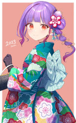 Rule 34 | 1girl, 2023, bag, basa rutan, black gloves, blue kimono, braid, brown background, closed mouth, commentary request, floral print, from side, gloves, handbag, highres, japanese clothes, kimono, long hair, long sleeves, looking at viewer, looking to the side, multicolored hair, obi, orange eyes, original, print kimono, purple hair, red hair, sash, signature, single hair intake, smile, solo, streaked hair, two-tone background, white background, wide sleeves