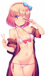 1girl, ;q, bikini, blue bow, bow, breasts, chieru (princess connect!), collarbone, commentary request, double v, eyebrows visible through hair, hair bow, hair ornament, hairband, highres, looking at viewer, medium breasts, micro bikini, navel, one eye closed, orange eyes, pink bow, pink hair, pink hairband, princess connect!, princess connect! re:dive, short hair, simple background, solo, star (symbol), star hair ornament, suteba (grzjkbhgf), swimsuit, thighs, tongue, tongue out, v, white background, white bikini