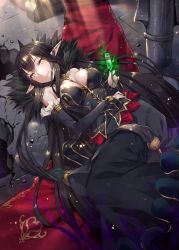 Rule 34 | 1girl, absurdly long hair, bare shoulders, black dress, black hair, breasts, bridal gauntlets, cleavage, commentary request, cup, detached sleeves, dress, drinking glass, fate/apocrypha, fate/grand order, fate (series), feathers, fur trim, gabiran, hair between eyes, hand on own hip, holding, holding cup, holding drinking glass, indoors, large breasts, long dress, long hair, looking at viewer, lying, on back, pointy ears, poison, red carpet, semiramis (fate), smile, solo, very long hair, yellow eyes
