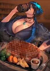 Rule 34 | 1girl, 2023, absurdres, breasts, broccoli, choker, cleavage, closed eyes, collarbone, commentary request, cup, dated, drinking, earrings, food, fork, highres, izayoi04, jewelry, knife, large breasts, meat, mug, necklace, original, scar, scar on face, short hair, solo, steak, table, tray, watermark