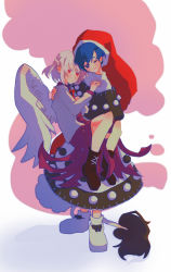 Rule 34 | 2girls, ;3, black dress, blue eyes, blue hair, blush, bow, bowtie, braid, carrying, colored eyelashes, doremy sweet, dress, feathered wings, french braid, full body, hair between eyes, hair bow, half updo, hand on another&#039;s chest, hat, highres, jacket, jewelry, kishin sagume, long sleeves, looking at viewer, minamia23, multicolored clothes, multicolored dress, multiple girls, one eye closed, outline, pom pom (clothes), princess carry, purple dress, red bow, red bowtie, red headwear, ring, santa hat, short hair, sidelocks, silver hair, simple background, single wing, smile, socks, standing, tail, tapir tail, thighs, touhou, white background, white dress, white legwear, white outline, white wings, wings, yuri