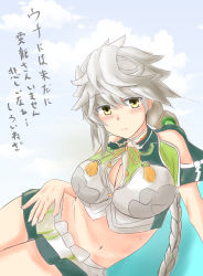 Rule 34 | 10s, 1girl, bare shoulders, blush, braid, breasts, cleavage, cleavage cutout, clothing cutout, cloud print, crop top, detached sleeves, expressionless, female focus, grey hair, highres, jitome, kantai collection, large breasts, long hair, looking at viewer, midriff, miniskirt, navel, negi seijin, onmyouji, pleated skirt, ponytail, serious, single braid, skirt, solo, unryuu (kancolle), very long hair, yellow eyes