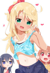Rule 34 | 3girls, :d, bare arms, bare shoulders, black hair, blonde hair, blue eyes, blurry, blurry background, bow, brown hair, child, clothes writing, collarbone, commentary request, food, green eyes, hair bow, heart, highres, himesaka noa, hoshino hinata, long hair, looking at viewer, makuran, midriff, multiple girls, navel, one-piece tan, open mouth, popsicle, red bow, red eyes, shirosaki hana, short ponytail, simple background, smile, tan, tanline, watashi ni tenshi ga maiorita!, white background