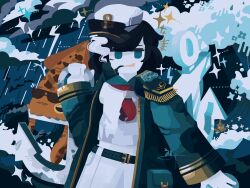 1girl anchor anchor_ornament anchor_print anchor_symbol animal belt bird bishamonten&#039;s_pagoda black_belt black_hair blue_coat blue_eyes cloud cloudy_sky coat collar collared_coat collared_shirt eyewear_on_head green_collar green_sailor_collar hat hat_ornament highres holding holding_anchor holding_weapon kraken lightning long_sleeves medium_hair murasa_minamitsu neckerchief open_mouth pagoda pale_skin red_neckerchief sailor sailor_collar sailor_hat sailor_shirt shirt shorts silhouette sky sleeves_past_wrists smile smoke smoking smoking_pipe sunglasses tentacles thatpebble touhou water water_drop waves weapon white_hat white_shirt white_shorts