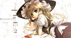 Rule 34 | 1girl, album cover, blonde hair, bow, bracelet, head rest, cover, diverse system, dress, female focus, hat, highres, jewelry, kirisame marisa, long hair, lying, misaki kurehito, on stomach, solo, team shanghai alice, touhou, wallpaper, witch, witch hat, yellow eyes