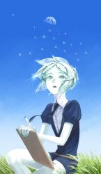 Rule 34 | 1other, :o, absurdres, androgynous, buttons, clipboard, collared shirt, colored skin, crystal hair, dandelion, flower, gem uniform (houseki no kuni), grass, green eyes, green hair, high collar, highres, holding, holding clipboard, houseki no kuni, looking up, moon, nail polish, necktie, parted bangs, phosphophyllite, puffy sleeves, shirt, short hair, short shorts, shorts, shumanomalos, sitting, sky, solo, white shirt, white skin, wind