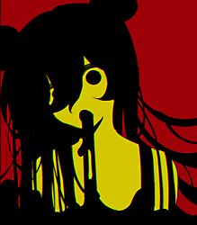 Rule 34 | 1girl, black hair, blending, colored skin, commentary, darkness, hair between eyes, highres, limited palette, long bangs, long hair, looking at viewer, open mouth, original, red background, s2 (stwo), shadow, simple background, solo, upper body, yellow skin