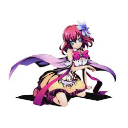 Rule 34 | 10s, 1girl, alpha transparency, blue eyes, blue flower, bow, breasts, cae, cleavage, detached sleeves, divine gate, flower, frilled skirt, frills, full body, hair flower, hair ornament, kneeling, long hair, looking at viewer, medium breasts, no game no life, official art, purple bow, red hair, red ribbon, ribbon, shadow, skirt, sleeveless, smile, solo, stephanie dora, transparent background, ucmm