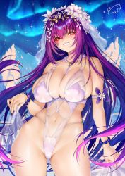 Rule 34 | 1girl, aurora, bead bracelet, beads, bikini, bracelet, breasts, brooch, cleavage, fate/grand order, fate (series), flower, hair flower, hair ornament, heart, heart brooch, highres, jewelry, large breasts, mountain, night, night sky, obiwan, one-piece swimsuit, purple hair, red eyes, scathach (fate), scathach skadi (fate), scathach skadi (swimsuit ruler) (fate), scathach skadi (swimsuit ruler) (third ascension) (fate), skirt hold, sky, smile, solo, star (sky), swimsuit, veil, weisuoxin, white bikini, white flower, white one-piece swimsuit