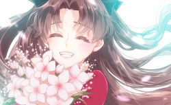 Rule 34 | 1girl, black bow, bouquet, bow, brown hair, closed eyes, fate/stay night, fate (series), floating hair, flower, grin, hair bow, holding, holding bouquet, long hair, portrait, red shirt, ro96cu, shirt, simple background, smile, solo, tohsaka rin, white background, white flower