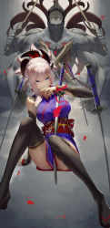 Rule 34 | 1girl, ass, bare shoulders, blood, blue eyes, detached sleeves, extra arms, fate/grand order, fate (series), hair between eyes, highres, holding, holding sword, holding weapon, katana, looking at viewer, miyamoto musashi (fate), miyamoto musashi (first ascension) (fate), ponytail, sandals, scottie (phantom2), sitting, sword, thighhighs, weapon