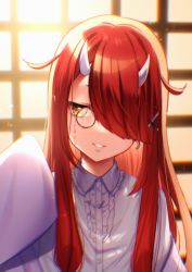 1girl brown_eyes collared_shirt dress_shirt hair_ornament hair_over_one_eye hairclip highres hoozuki_warabe horns kitasaya_ai long_hair long_sleeves looking_at_viewer monocle noripro parted_lips red_hair shirt sleeves_past_fingers sleeves_past_wrists solo upper_body virtual_youtuber white_shirt x_hair_ornament