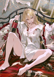 Rule 34 | 1girl, bare legs, barefoot, bed, blonde hair, blood, blood on breasts, blood on clothes, blood on face, bottle, bottomless, breasts, cleavage, clenched teeth, commentary, dress shirt, earrings, english commentary, eyelashes, feathers, feet out of frame, guideau, hair between eyes, highres, holding, holding bottle, huangdanlan, indoors, jewelry, knee up, long hair, long sleeves, looking at viewer, majo to yajuu, messy hair, mixed-language commentary, multiple earrings, naked shirt, on bed, outstretched arms, painting (object), picture frame, pillow, shirt, sitting, solo, spread legs, teeth, torn clothes, wallpaper (object), white shirt, wine bottle, yellow eyes
