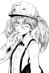 Rule 34 | boushi-ya, buttons, cigarette, collared shirt, commentary request, greyscale, hair between eyes, kantai collection, long hair, long sleeves, looking at viewer, magatama, monochrome, ryuujou (kancolle), shirt, smoking, suspenders, twintails, visor cap, white background