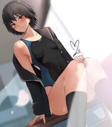 Rule 34 | 1girl, amagami, black hair, black jacket, black one-piece swimsuit, black sailor collar, black socks, classroom, competition swimsuit, desk, dutch angle, feet out of frame, highres, indoors, jacket, kibito high school uniform, looking at viewer, nanasaki ai, one-piece swimsuit, open clothes, open jacket, sailor collar, school desk, school uniform, short hair, signature, sitting, socks, solo, swimsuit, two-tone swimsuit, yoo tenchi