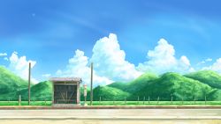 Rule 34 | blue sky, bus stop, cloud, commentary request, day, fence, field, highres, hill, lamppost, manatsu no yo no inmu, no humans, outdoors, road, road sign, rural, scenery, sign, sky, tyb (inmu)