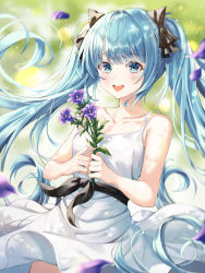 Rule 34 | 1girl, :d, absurdres, aqua eyes, aqua hair, black bow, black ribbon, blunt bangs, bow, clothes lift, collarbone, cowboy shot, dress, dress lift, flower, hatsune miku, highres, holding, holding flower, long hair, looking at viewer, oert129, open mouth, petals, ribbon, smile, solo, sundress, tearing up, tears, teeth, tongue, twintails, upper teeth only, very long hair, vocaloid, white dress