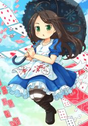Rule 34 | 1girl, :o, ahoge, alice: madness returns, alice (alice in wonderland), alice liddell (american mcgee&#039;s alice), american mcgee&#039;s alice, american mcgee's alice, ankle boots, apron, black hair, blue dress, blue sky, blush, boots, card, cloud, day, dress, flying, full body, green eyes, long hair, mizuno mumomo, outdoors, pantyhose, parted lips, playing card, puffy short sleeves, puffy sleeves, short sleeves, sky, solo, striped clothes, striped pantyhose, umbrella
