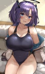Rule 34 | 1girl, alternate breast size, black one-piece swimsuit, blue archive, breasts, competition swimsuit, couch, cowboy shot, halo, highres, jacket, kihou no gotoku dmc, large breasts, multicolored clothes, multicolored jacket, one-piece swimsuit, open clothes, open jacket, parted bangs, purple eyes, purple hair, sidelocks, sitting, solo, swimsuit, two-tone jacket, two side up, white jacket, yuuka (blue archive)
