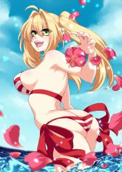 Rule 34 | 1girl, ahoge, ass, bikini, blonde hair, breasts, butt crack, cloud, crescentia fortuna, curvy, fate/grand order, fate (series), fingernails, flower, hair between eyes, lips, long fingernails, looking at viewer, medium breasts, nail polish, nero claudius (fate), nero claudius (fate) (all), nero claudius (fate/extra), nero claudius (swimsuit caster) (fate), ocean, outdoors, petals, sideboob, sky, smile, solo, striped bikini, striped clothes, summer, swimsuit, twintails, wading, water, yellow eyes