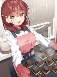 Rule 34 | 1girl, :d, apron, commentary request, food, hair behind ear, hair over shoulder, highres, holding, indoors, long sleeves, looking at viewer, microwave, mittens, muninshiki, open mouth, original, pink apron, red hair, red mittens, shirt, smile, solo, standing, steam, white shirt, yellow eyes, younger twin sister (muninshiki)